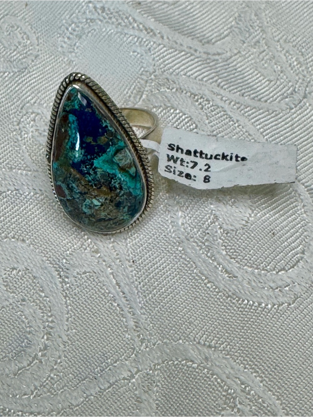 Sterling Silver Shattukite Gemstone Teardrop Statement Ring - Blue-Green Size 8 - Picture 4 of 8